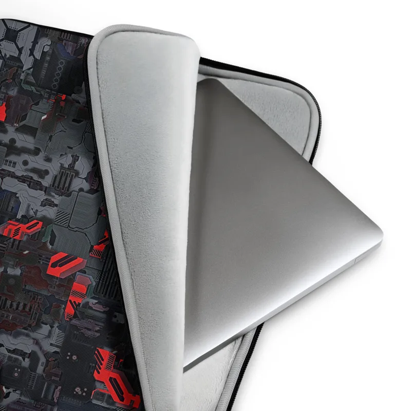 Dark Circuit Breach Laptop Sleeve — densely packed dark grey circuit board panels and mechanical hardware with glowing red