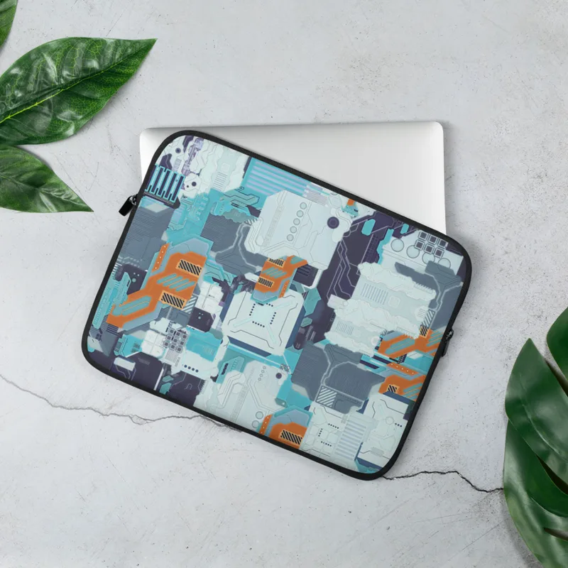 Circuit City Tech Camo Laptop Sleeve — dense circuit board camo pattern with cyan data traces, orange hazard accents, navy