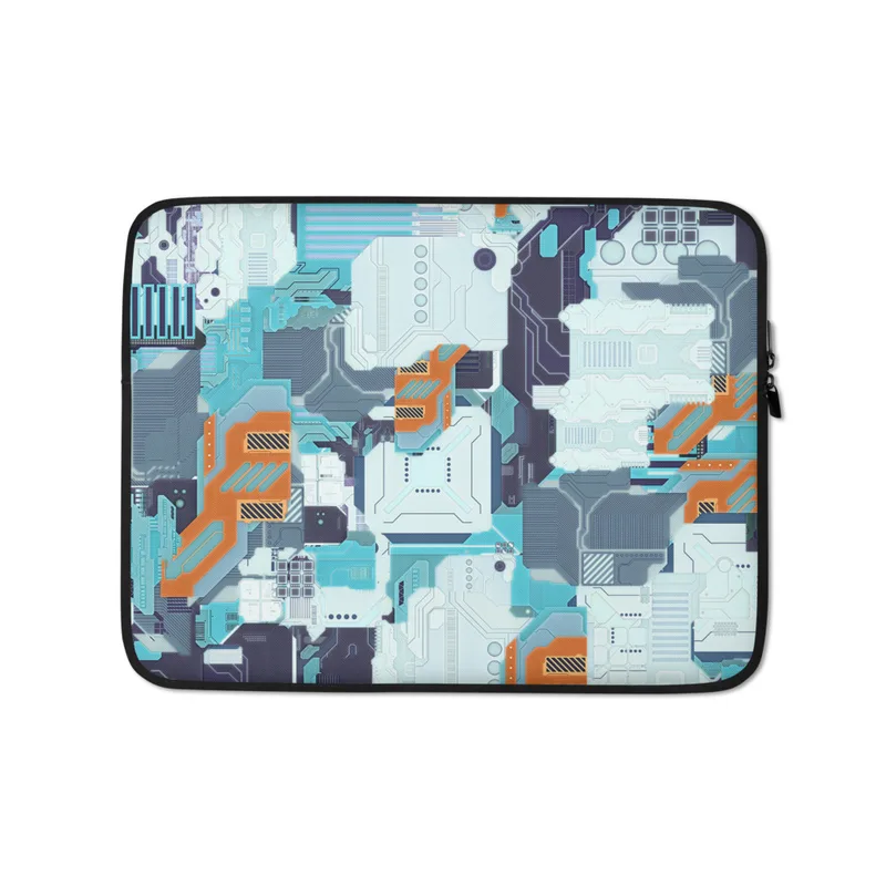 Circuit City Tech Camo Laptop Sleeve — dense circuit board camo pattern with cyan data traces, orange hazard accents, navy