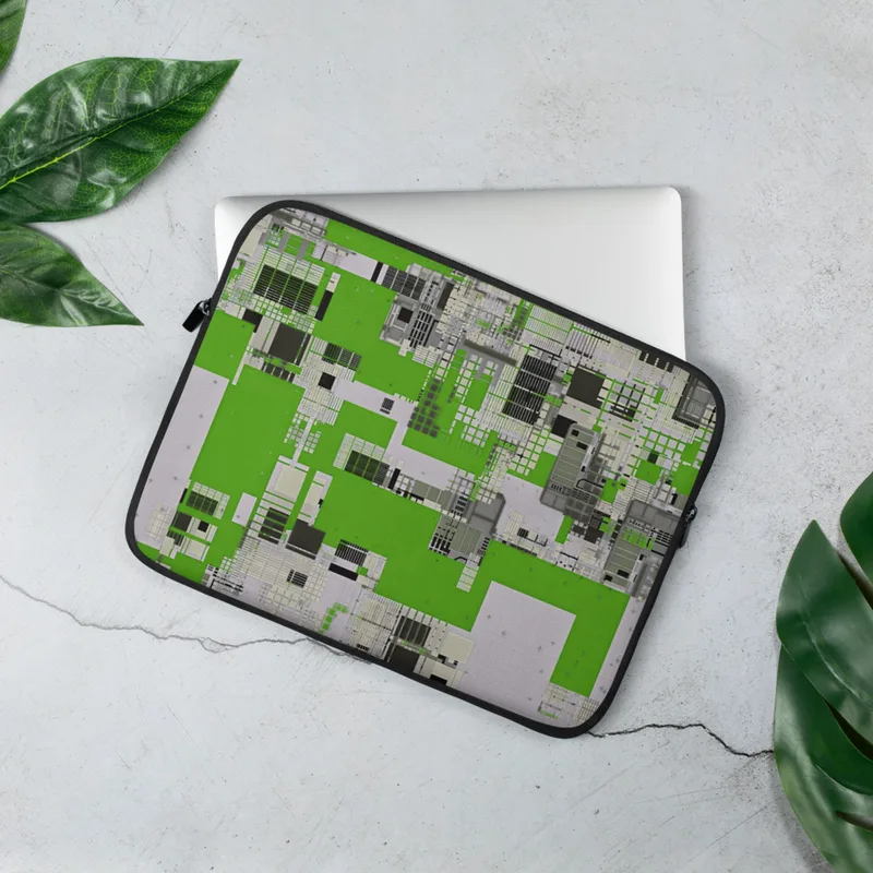 Circuit City Grid Laptop Sleeve — aerial view of a futuristic city rendered as dense circuit board grids in lime green
