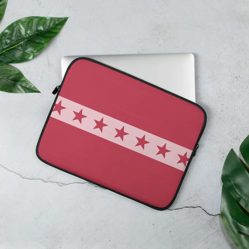 Red Star Band Laptop Sleeve — seven dark red stars aligned on a soft pink horizontal band over a solid crimson-red