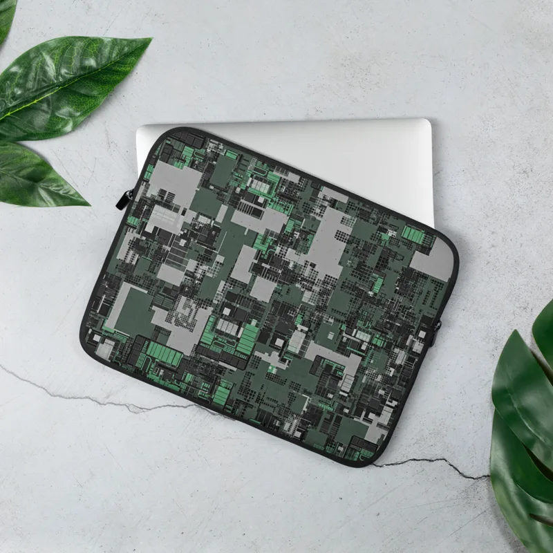 Forest Green Circuit City Chaos Laptop Sleeve — aerial view of a densely packed geometric megacity in forest green, charcoal