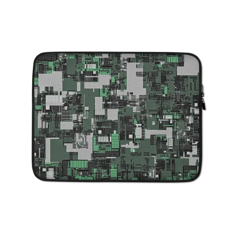 Forest Green Circuit City Chaos Laptop Sleeve — aerial view of a densely packed geometric megacity in forest green, charcoal
