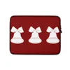 Triple Bell Holiday Laptop Sleeve — three white Christmas bells with ribbon bows arranged in a row on a deep red background