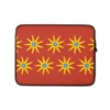Solar Burst Crimson Laptop Sleeve — repeating golden eight-petal sunburst flowers with blue centers arranged in rows