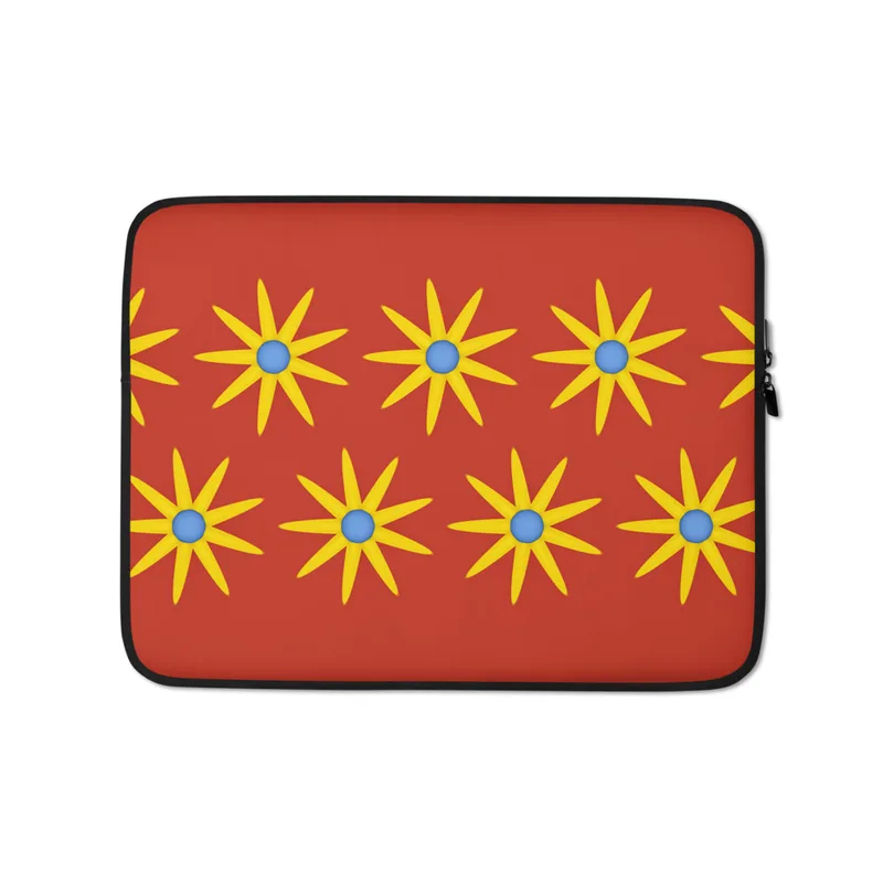 Solar Burst Crimson Laptop Sleeve — repeating golden eight-petal sunburst flowers with blue centers arranged in rows
