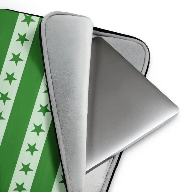 Green Stars and Stripes Laptop Sleeve — alternating deep forest green horizontal bands and soft mint stripes, each row