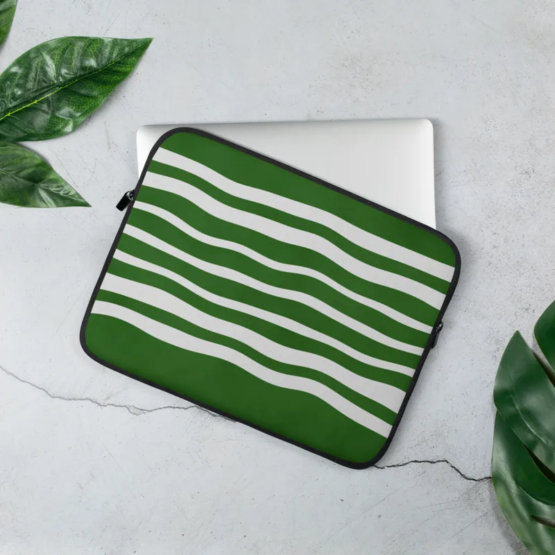 Green Wave Ripple Laptop Sleeve — flowing white horizontal wavy stripes repeating across a deep forest green background
