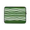 Green Wave Ripple Laptop Sleeve — flowing white horizontal wavy stripes repeating across a deep forest green background