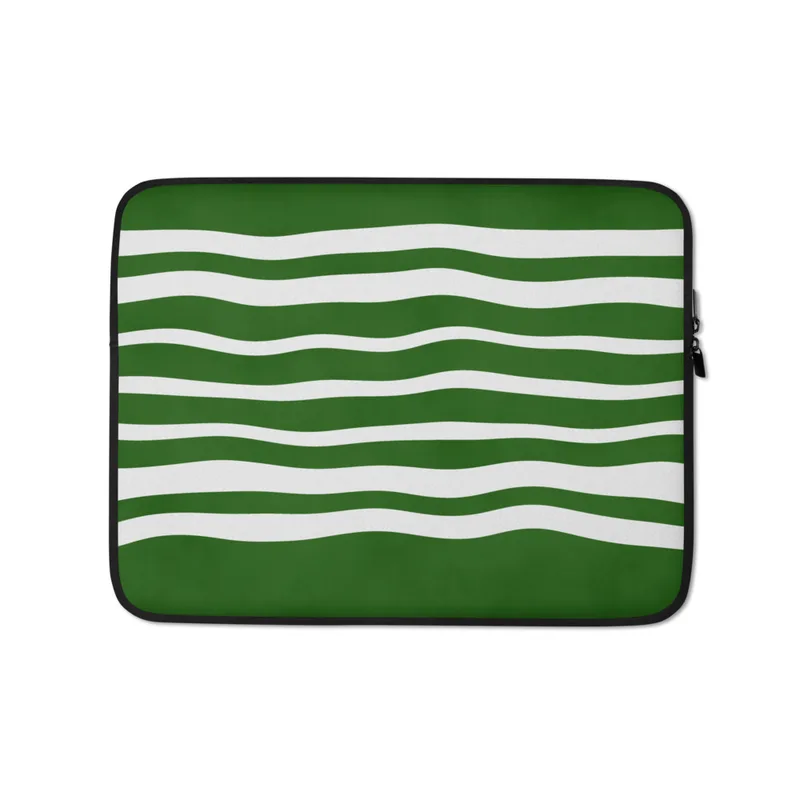 Green Wave Ripple Laptop Sleeve — flowing white horizontal wavy stripes repeating across a deep forest green background