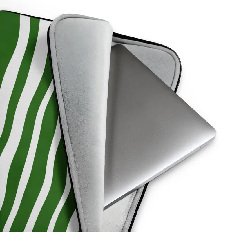 Green Wave Ripple Laptop Sleeve — flowing white horizontal wavy stripes repeating across a deep forest green background