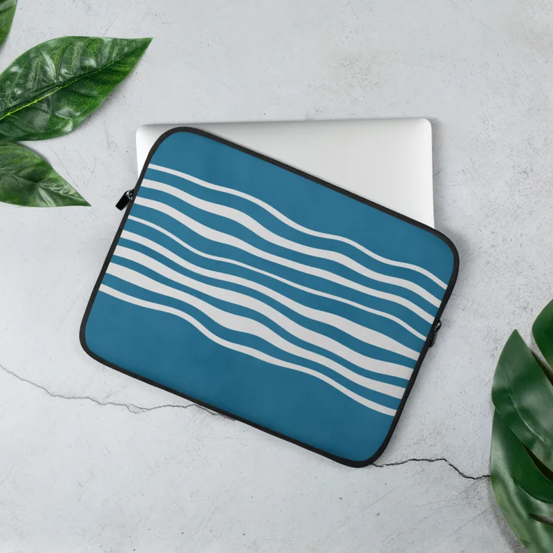Ocean Wave Lines Laptop Sleeve — flowing white wavy horizontal lines on a textured teal blue background, evoking calm ocean