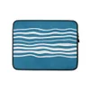 Ocean Wave Lines Laptop Sleeve — flowing white wavy horizontal lines on a textured teal blue background, evoking calm ocean