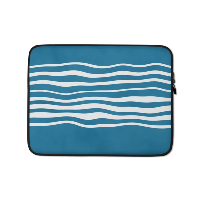 Ocean Wave Lines Laptop Sleeve — flowing white wavy horizontal lines on a textured teal blue background, evoking calm ocean