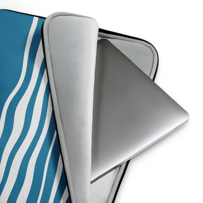 Ocean Wave Lines Laptop Sleeve — flowing white wavy horizontal lines on a textured teal blue background, evoking calm ocean