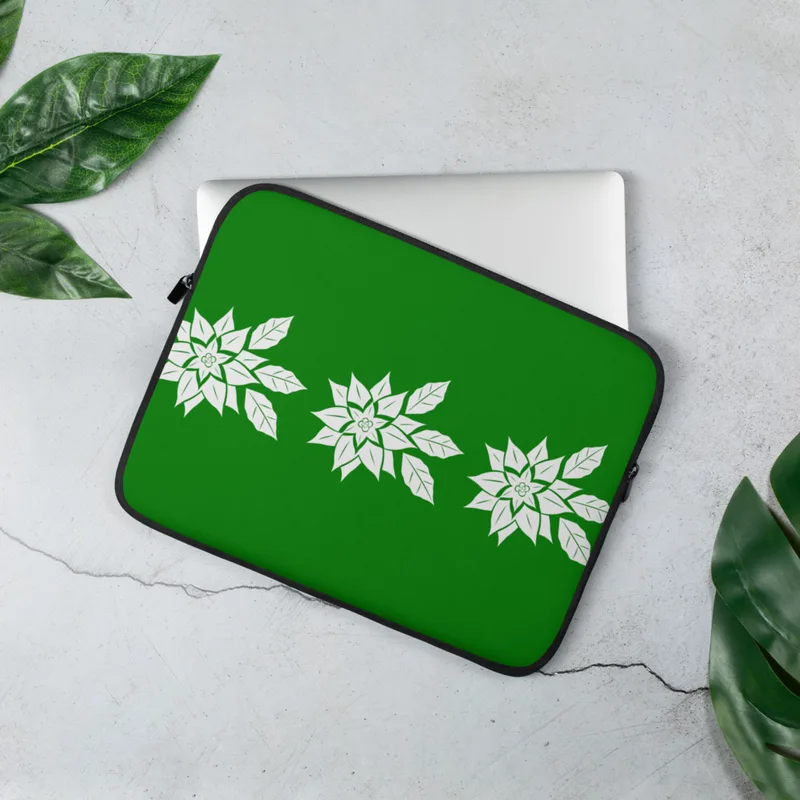 Winter Poinsettia Trio Laptop Sleeve — three white poinsettia blooms with detailed leaf veining arranged in a row on a deep