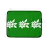 Winter Poinsettia Trio Laptop Sleeve — three white poinsettia blooms with detailed leaf veining arranged in a row on a deep