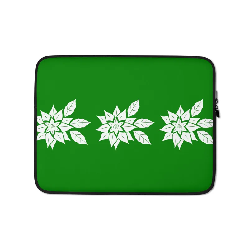 Winter Poinsettia Trio Laptop Sleeve — three white poinsettia blooms with detailed leaf veining arranged in a row on a deep