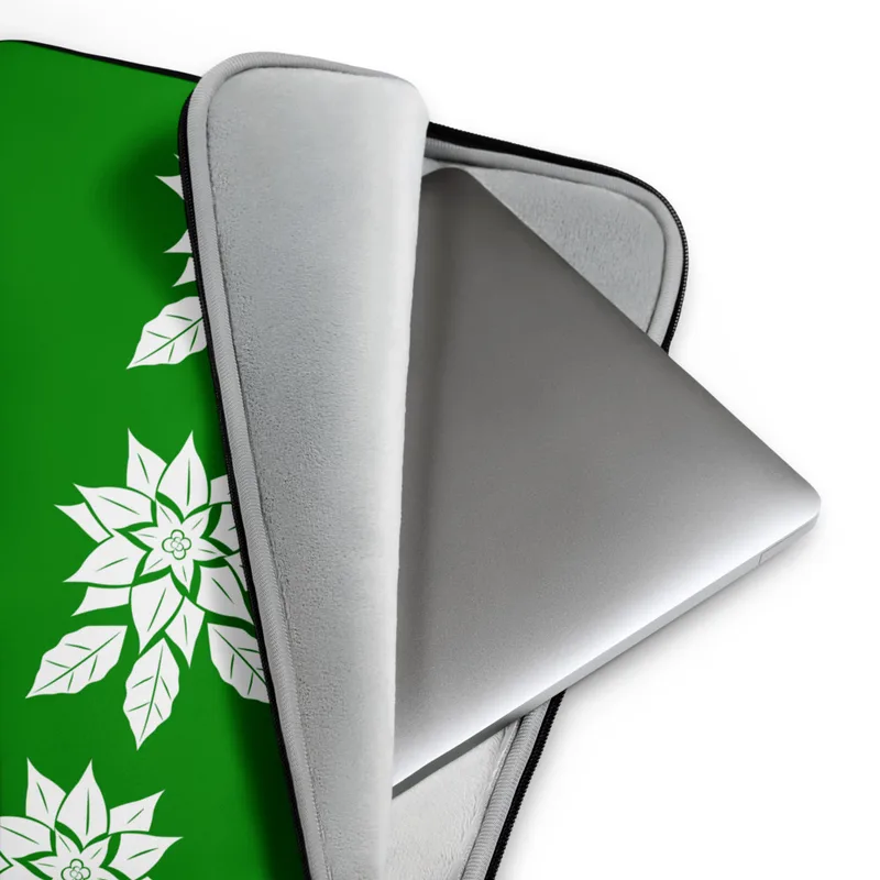 Winter Poinsettia Trio Laptop Sleeve — three white poinsettia blooms with detailed leaf veining arranged in a row on a deep