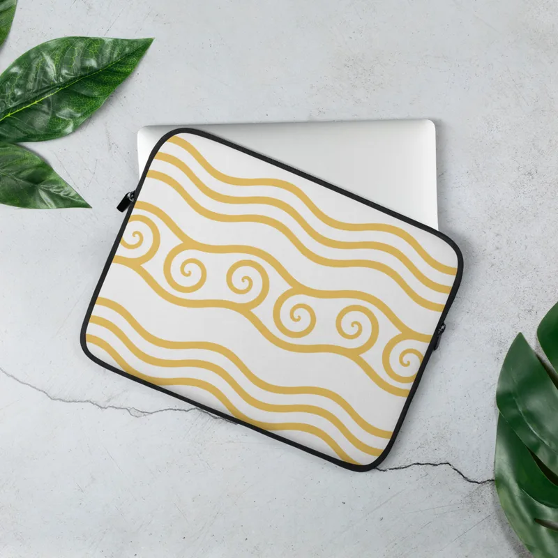 Golden Tides Wave Laptop Sleeve — repeating golden yellow wave lines on white background with a center band of hand-drawn