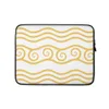 Golden Tides Wave Laptop Sleeve — repeating golden yellow wave lines on white background with a center band of hand-drawn