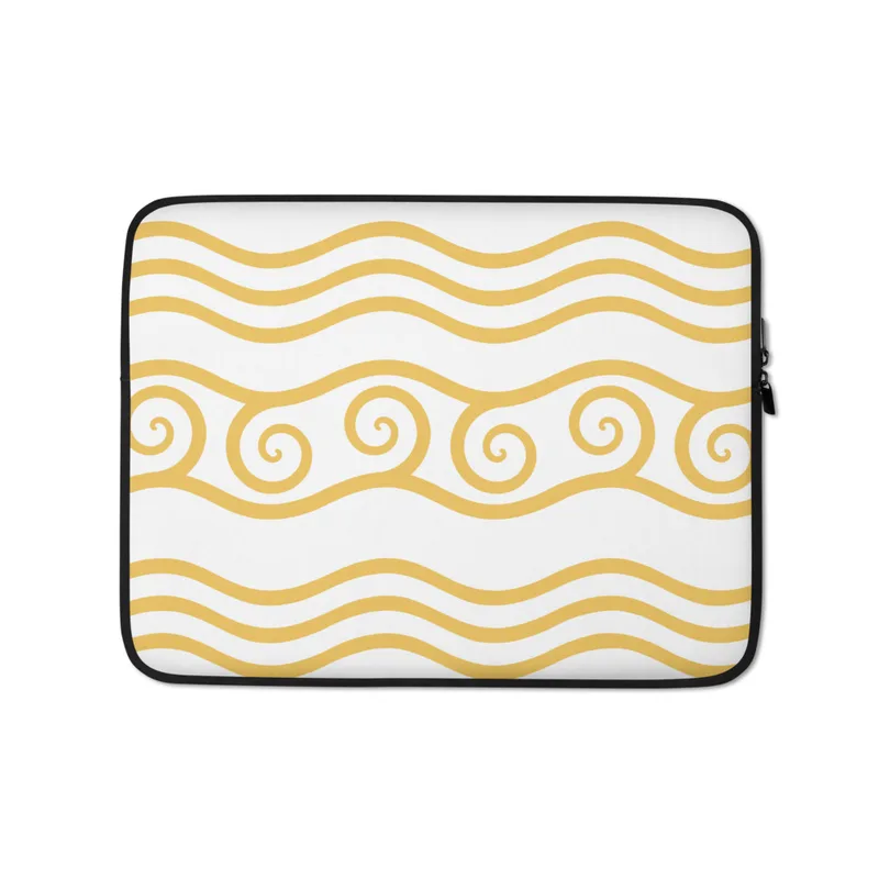 Golden Tides Wave Laptop Sleeve — repeating golden yellow wave lines on white background with a center band of hand-drawn