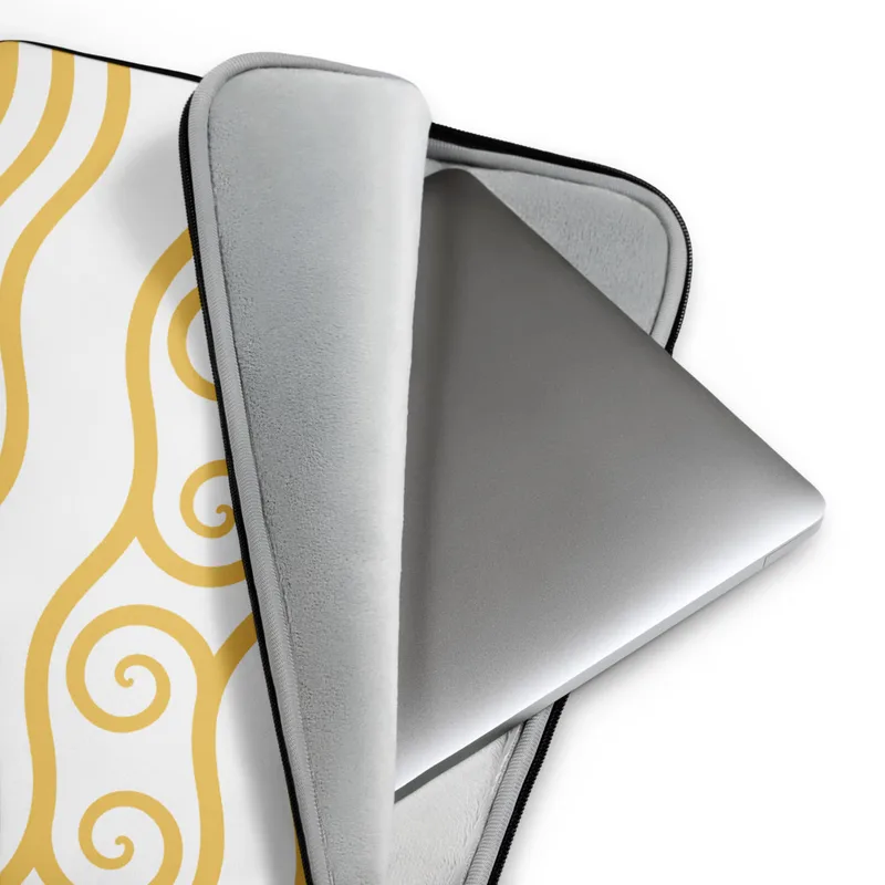 Golden Tides Wave Laptop Sleeve — repeating golden yellow wave lines on white background with a center band of hand-drawn