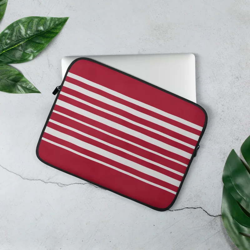Bold Red Stripe Laptop Sleeve — horizontal hand-painted red and white stripes on a deep crimson background, nautical style
