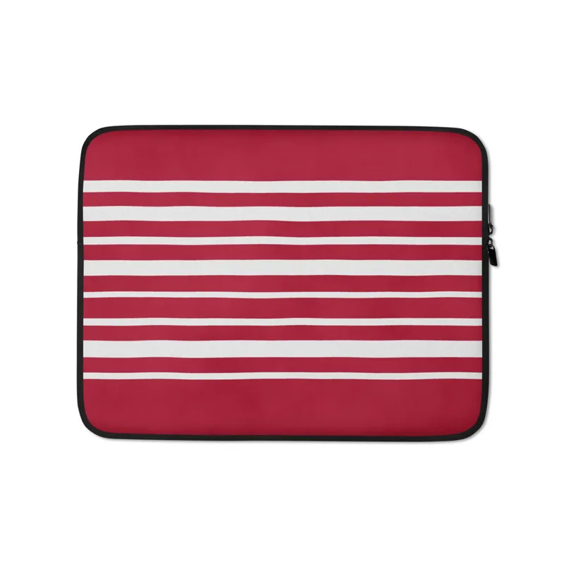 Bold Red Stripe Laptop Sleeve — horizontal hand-painted red and white stripes on a deep crimson background, nautical style