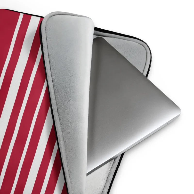 Bold Red Stripe Laptop Sleeve — horizontal hand-painted red and white stripes on a deep crimson background, nautical style