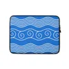 Ocean Waves Laptop Sleeve — white flowing wave lines and spiral scroll crests repeating across a vivid cobalt blue