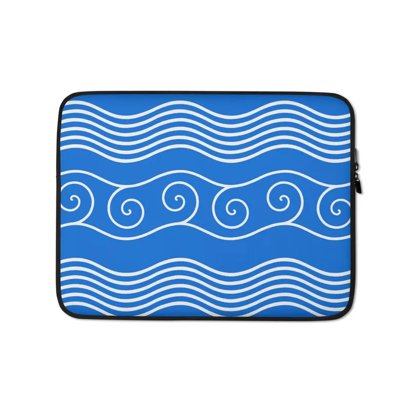 Ocean Waves Laptop Sleeve — white flowing wave lines and spiral scroll crests repeating across a vivid cobalt blue