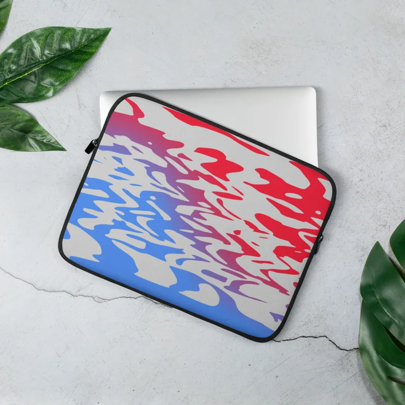 Liquid Wave Abstract Laptop Sleeve — fluid rippling waves of vivid red and sky blue blending through violet on an off-white