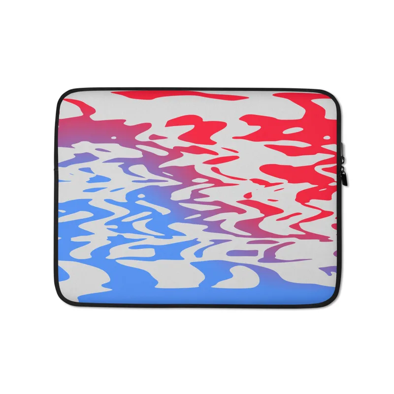 Liquid Wave Abstract Laptop Sleeve — fluid rippling waves of vivid red and sky blue blending through violet on an off-white
