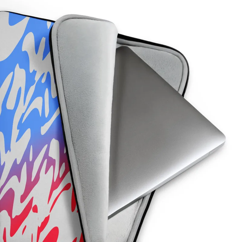 Liquid Wave Abstract Laptop Sleeve — fluid rippling waves of vivid red and sky blue blending through violet on an off-white