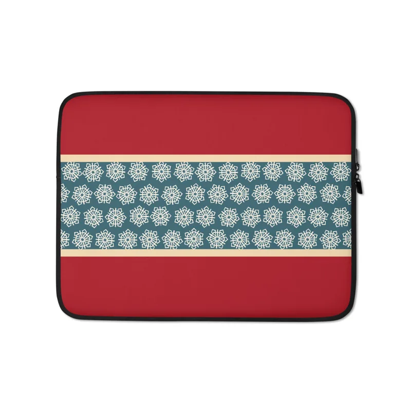 Crimson Band Snowflake Laptop Sleeve — deep red background with a horizontal teal band bordered in cream, filled