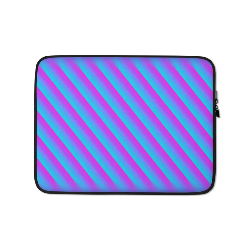 Neon Diagonal Stripe Rush Laptop Sleeve — diagonal cyan and magenta gradient stripes cutting across a soft periwinkle purple