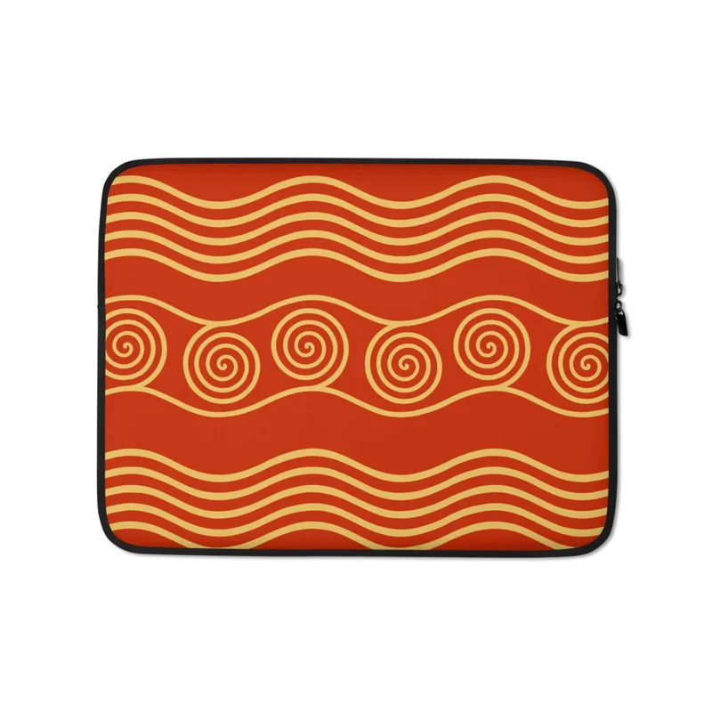 Ancient Waves Gold Spiral Laptop Sleeve — golden wave bands and concentric spiral motifs arranged in rows on a deep crimson
