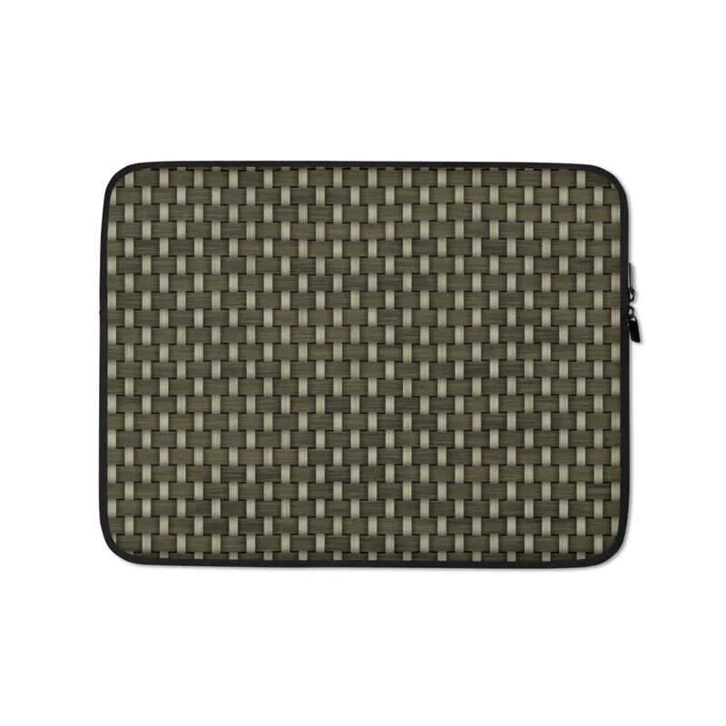 Tactical Weave Laptop Sleeve — tightly woven basket-weave pattern in dark olive green and warm khaki with interlocking fiber