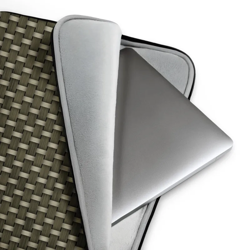 Tactical Weave Laptop Sleeve — tightly woven basket-weave pattern in dark olive green and warm khaki with interlocking fiber