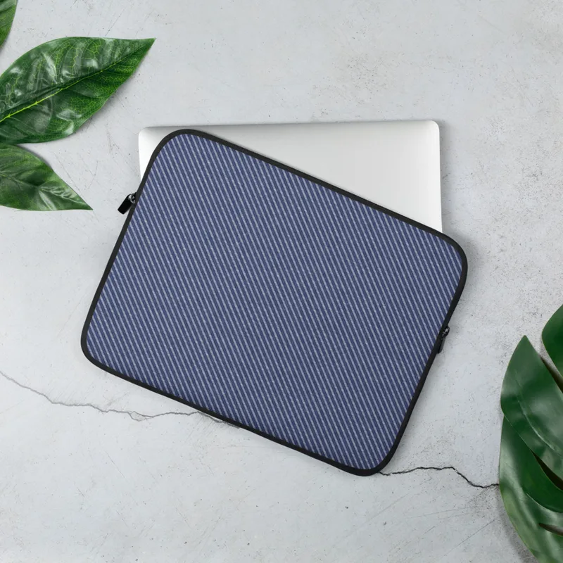 Classic Navy Twill Laptop Sleeve — tightly woven diagonal navy blue and light blue twill stripe pattern with fine textile