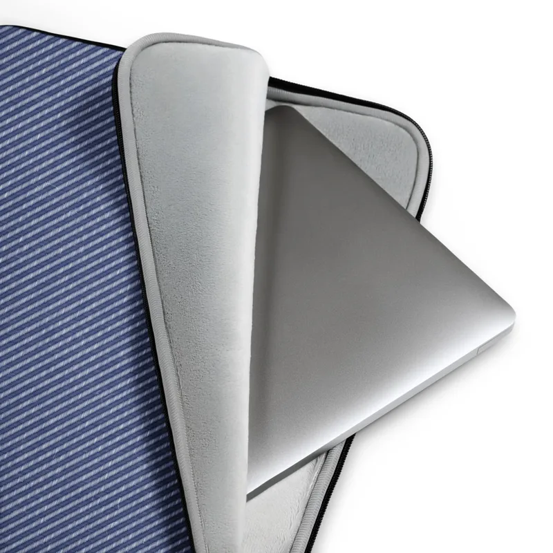 Classic Navy Twill Laptop Sleeve — tightly woven diagonal navy blue and light blue twill stripe pattern with fine textile