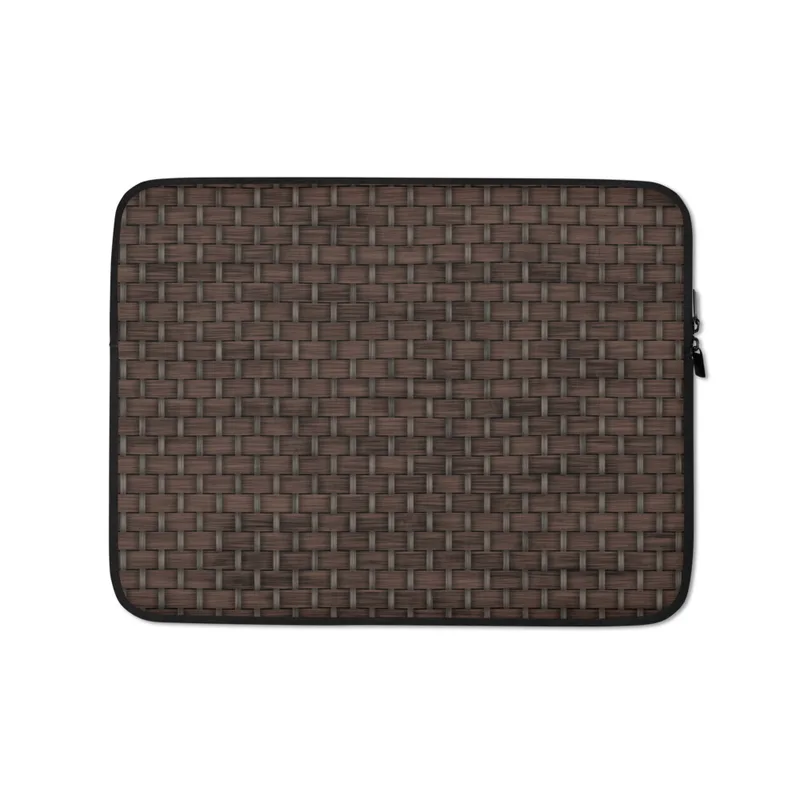 Dark Woven Rattan Laptop Sleeve — tightly woven dark brown rattan basketweave pattern with interlocking horizontal