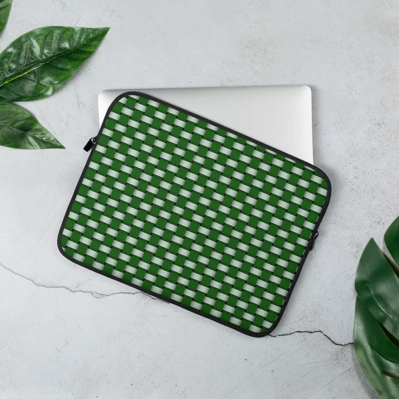 Woven Grid Green Lattice Laptop Sleeve — repeating basket-weave grid of deep forest green and pale mint rectangles