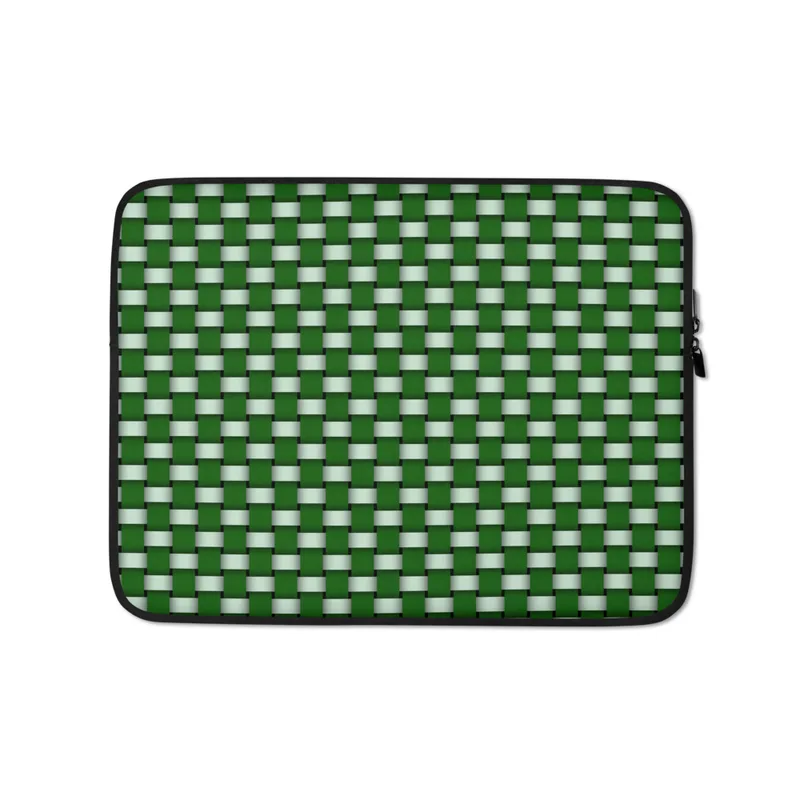 Woven Grid Green Lattice Laptop Sleeve — repeating basket-weave grid of deep forest green and pale mint rectangles