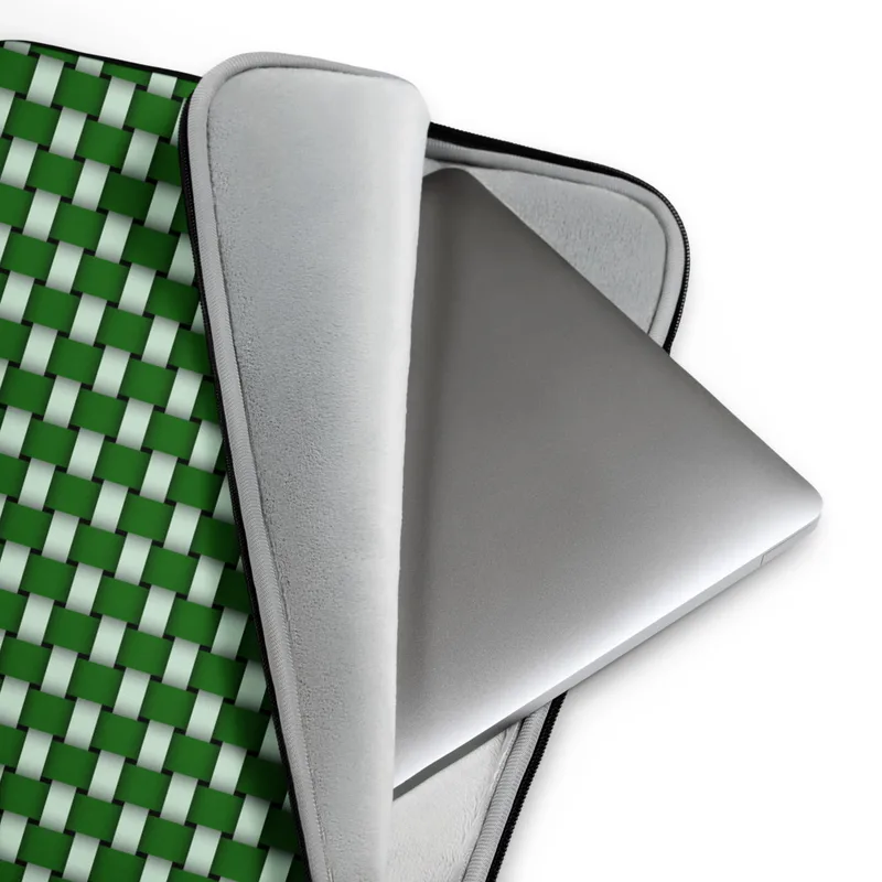 Woven Grid Green Lattice Laptop Sleeve — repeating basket-weave grid of deep forest green and pale mint rectangles