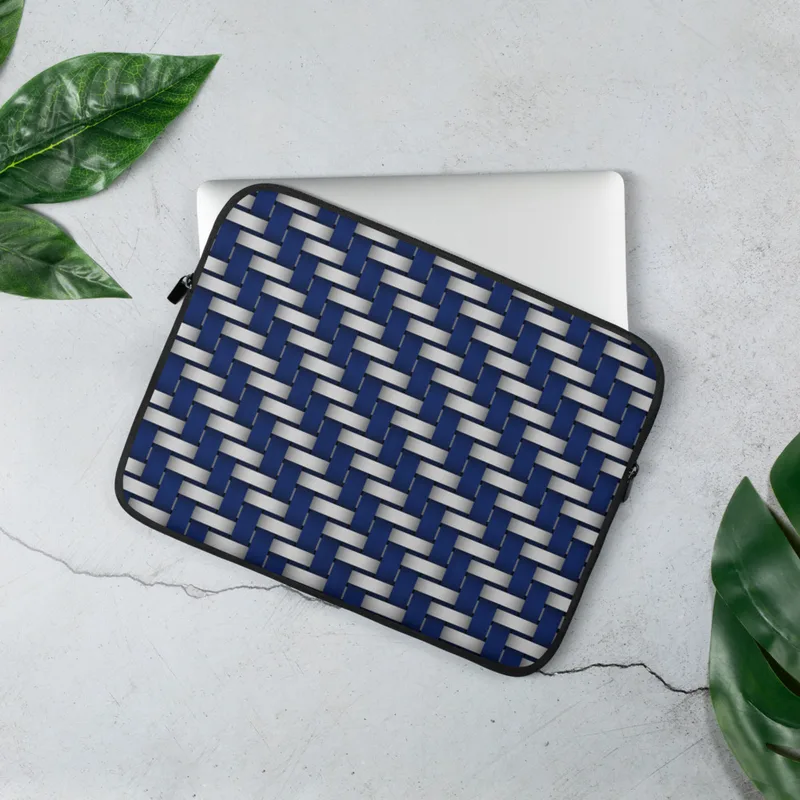 Steel and Sapphire Woven Shield Laptop Sleeve — interlocking navy blue and brushed silver bands in a precise basket-weave