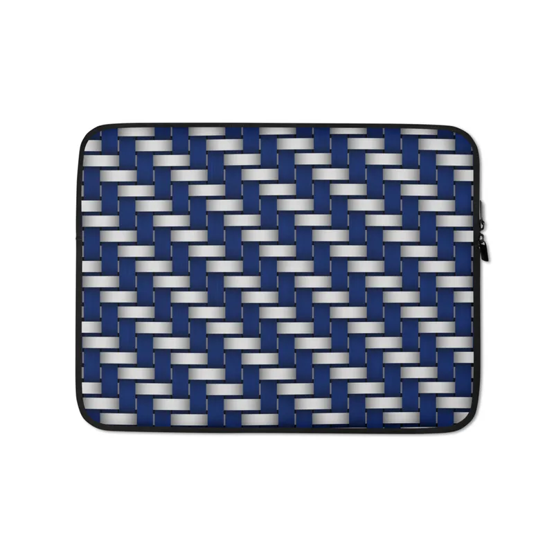 Steel and Sapphire Woven Shield Laptop Sleeve — interlocking navy blue and brushed silver bands in a precise basket-weave