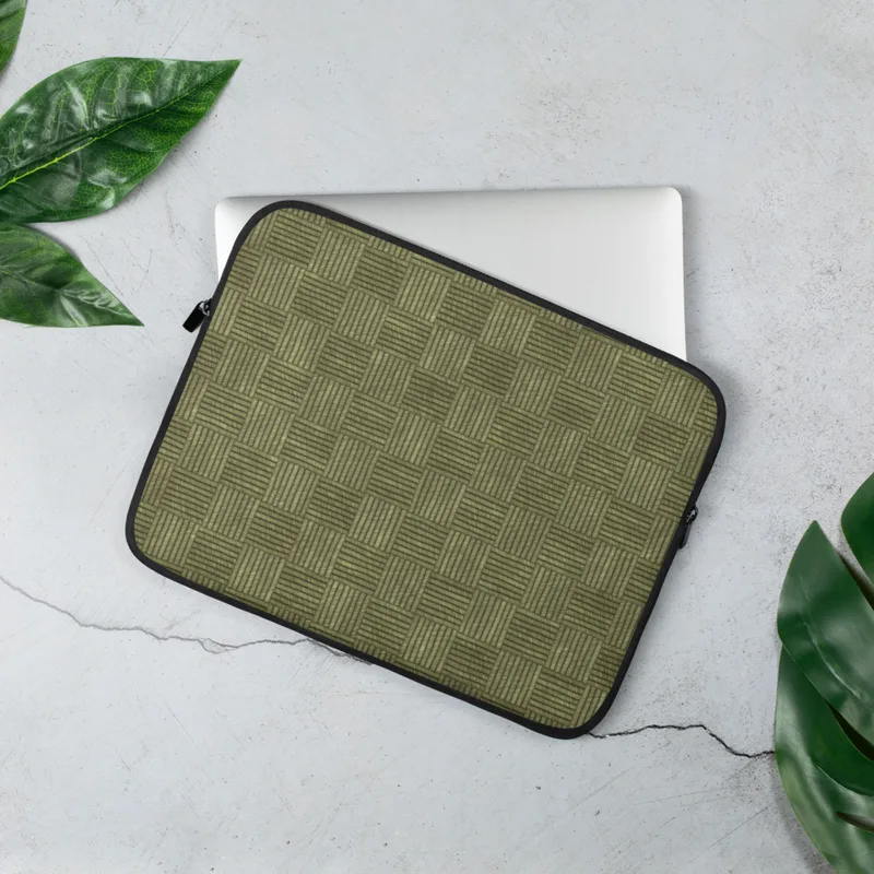 Sage Woven Basket Weave Laptop Sleeve — alternating woven square blocks with horizontal and vertical line textures in muted
