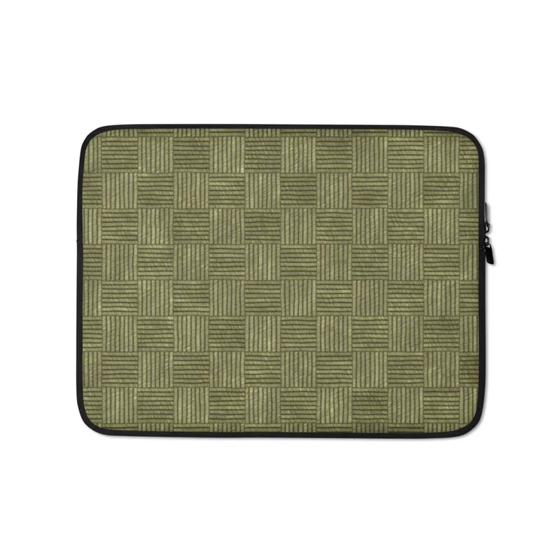 Sage Woven Basket Weave Laptop Sleeve — alternating woven square blocks with horizontal and vertical line textures in muted